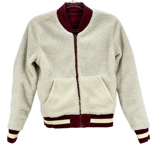 FAHERTY Reversible Surplus Bomber Corduroy Sherpa Jacket Maroon Pockets SZ S - Picture 1 of 12